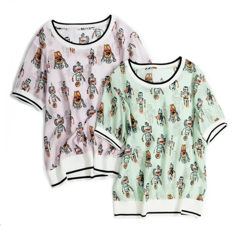 Шелковая женская летняя модная футболка с мультяшным принтом, розовая футболка с коротким рукавом, 2 цвета, один и более размер