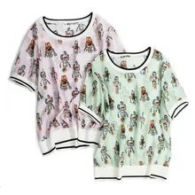 Шелковая женская летняя модная футболка с мультяшным принтом, розовая футболка с коротким рукавом, 2 цвета, один и более размер