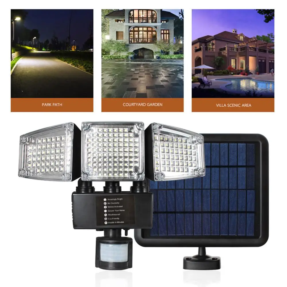 

188LED Solar Light Outdoor Waterproof Three-head Split Wall Light Human Body Sensor Wall Lamp for Street Garden Landscape Lights