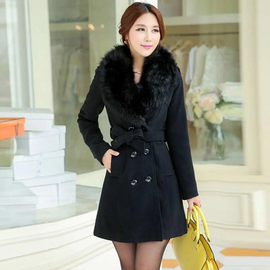 Manteau Sash Veste Boutonnage Fausse Col Plus Poches Mélange En Ceinture Fourrure Femmes Manteaux Double Longues Laine D'hiver Taille xxzwqCrE1