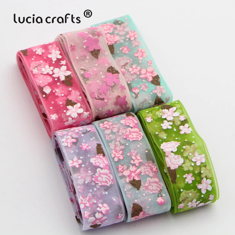 Lucia crafts 6 ярдов 25 мм разноцветные варианты Печатные Цветы органза ленты DIY шитье и бант для волос аксессуары P0103