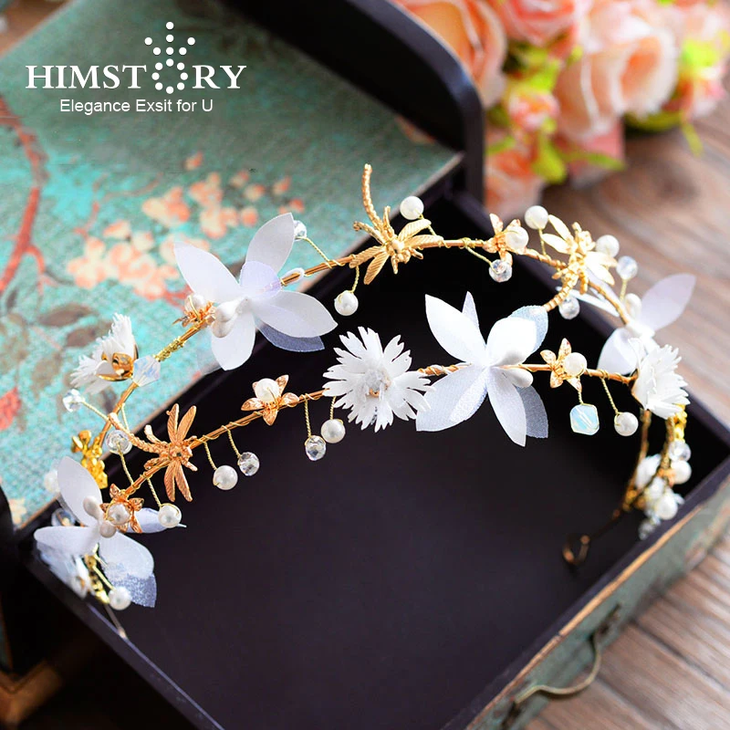 

Himstory White Flower Crown Tiara Gold Color Dragonfly Headbands Princess Hair Ornaments Bridal Wedding Party Hairband Accessory