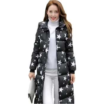

OLGITUM Fashion Winter Cotton Padded Jacket Women Slim Thick Stars Print Female Coat Parka Long Jackets Ladies Overcoat CC025