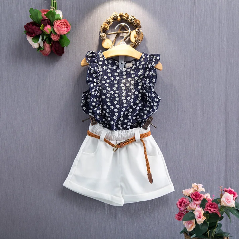 

2019 New Summer Cute Children Clothes Sets Girls Sleeveless Floral T-Shirt Pants Belt 3pc Girls Clothing Sets Kids Summer Suit