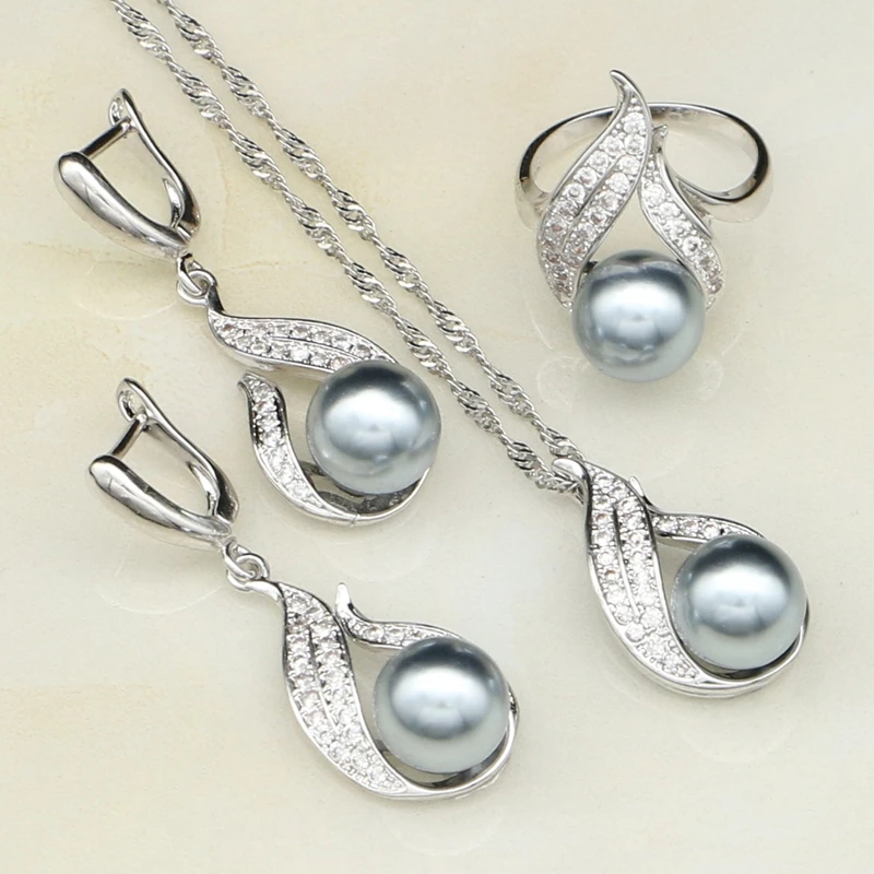 Серый искусственный жемчуг, белый кубический цирконий, ювелирный набор, 925 пробы, серебро, свадебные ювелирные изделия для женщин, серьги/Кольцо/Подвеска/ожерелье