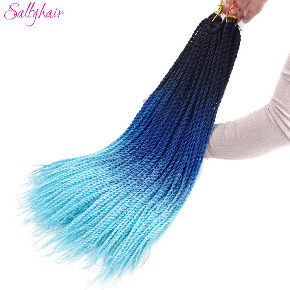 Sallyhair, 20 прядей, Омбре, цвет сенегаль, закрученные косички, волосы для наращивания, синий, серый, высокая температура, синтетические, вязанные, косички