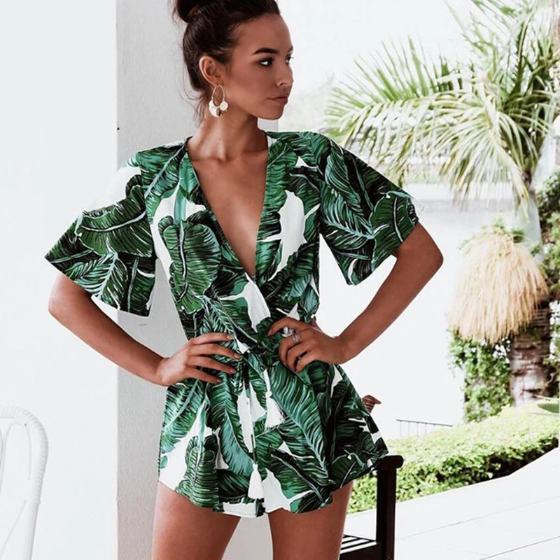 

Umeko Playsuit Half Sleeve Deep V Neck High Waist Overalls Printed Rompers Womens Jumpsuit Beach Wear Mono Mujer