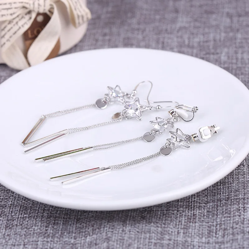 

Top Qulaity Cubic Zircon Five-pointed Star Shape Clip on Earrings NOn Piercing for Women Party Long Chain Earrings Not Allergic