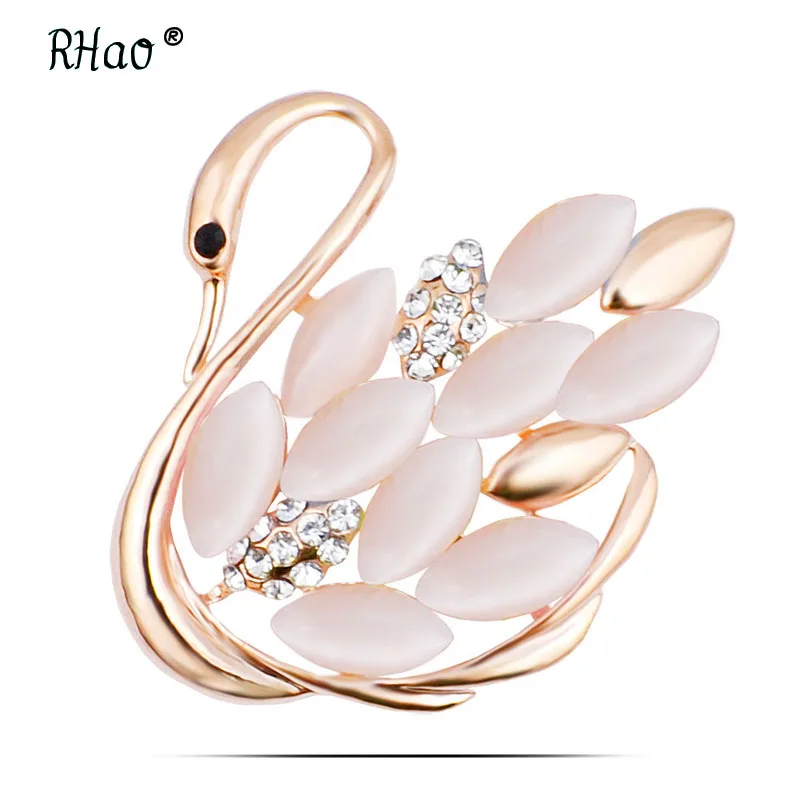 

RHao opal Lovely Swan brooches for women pins gold color animal rhinestone cameo brooch lapel broche christmas gifts top quality