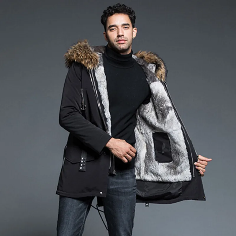 Real Fur Parka Mens Thick Warm Winter Jackets and Coats Hooded Long Jacket Natural Raccoon Fur Hip Hop Male Outerwear Clothes