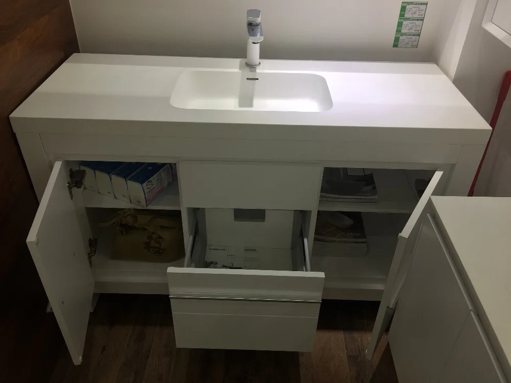 1300mm Floor Mounted Solid Surface Acrylic Furniture Oak Wood Bathroom Vanity Cabinet Cloakroom Matt White Sink 2193-0