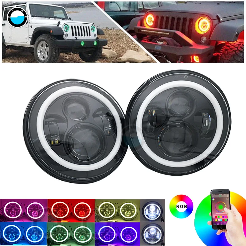 Pair 7 inch LED RGB Headlight for Jeep Wrangler JK 7