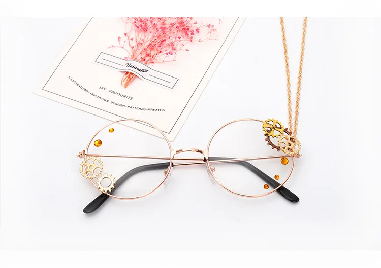 Cosplay&ware Oulylan Round Glasses Frames Women Vintage Metal Eyeglasses Ladies Cosplay Lolita Gears Chain Decoration Spectacle Frame -Zentai shop online