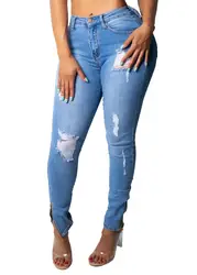 Модные эластичные рваные женские джинсы 2018 Новое поступление Горячие узкие карманы Поддельные молнии уличная узкие брюки джинсы
