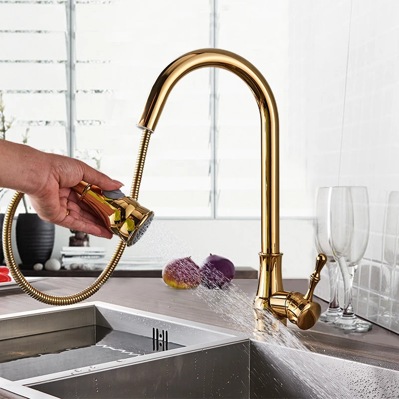 

Uythner Gold Polish Swivel Spout Kitchen Sink Faucet Pull Down Sprayer Fashion Design Bathroom Kitchen Hot&Cold Water Mixer Tap