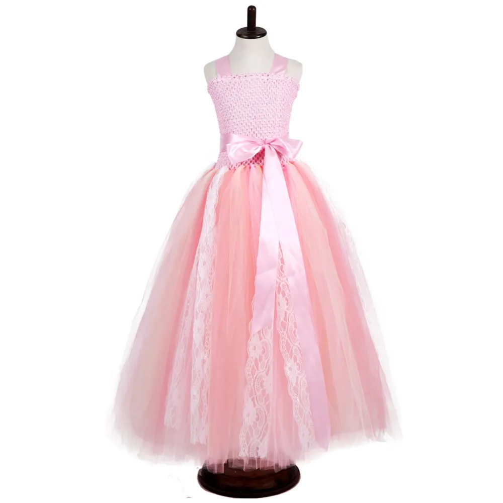 

Pink Solid Girls Christmas Flower Lace Dress Kids Ankle Length Sleeveless Dress Up Costumes Children Party Dress Tutu Ball Gowns