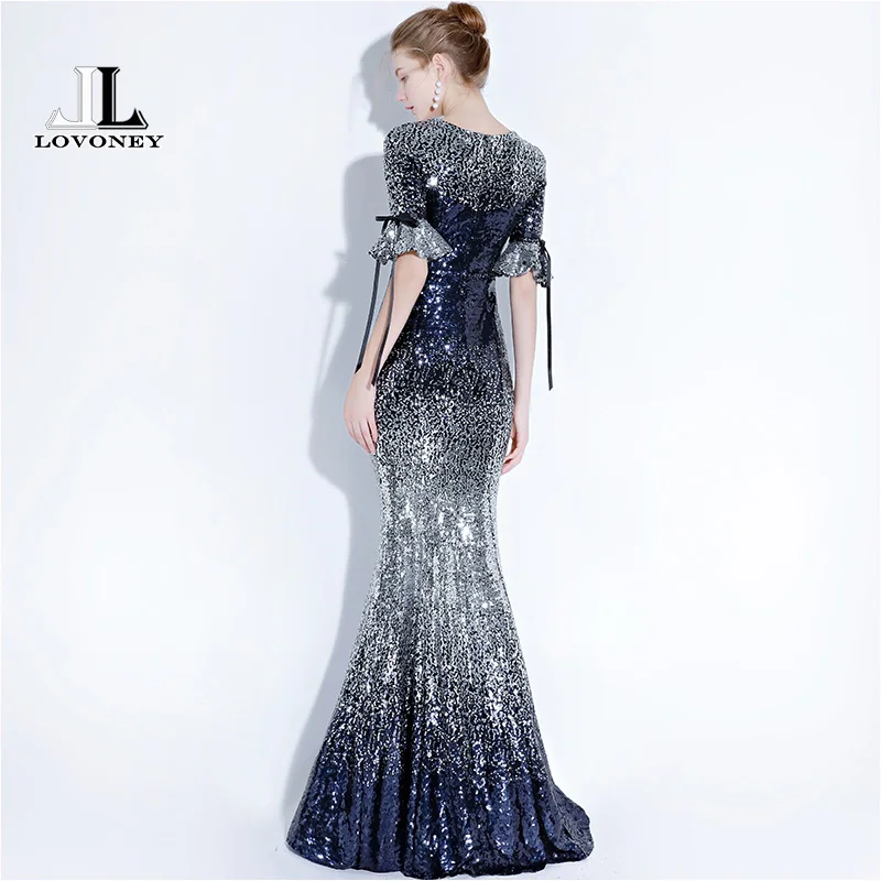 LOVONEY Elegant Mermaid Evening Dress Long Sequins Half Sleeves Formal Party Dresses Evening Gown Robe De Soiree YS430