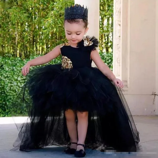 Cute Black High Low 2017 Ball Gown Flower Girls Dresses With Gold Sequined Flowers Jewel sleeveless Tulle Tiered Skirts Communion Dresses