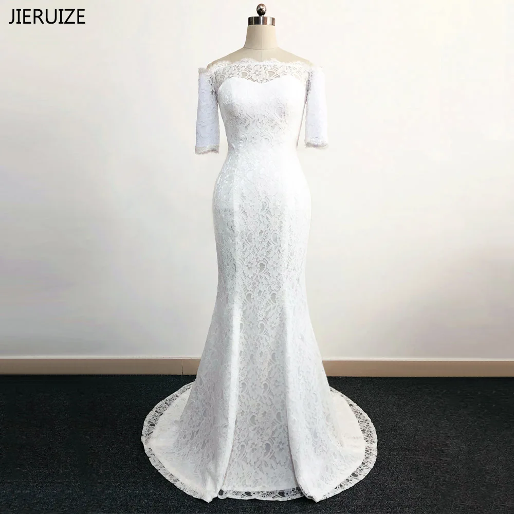 

JIERUIZE vestidos de novia White Lace Mermaid Wedding Dresses Off The Shoulder Half Sleeves Wedding Gowns robe de mariage