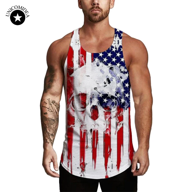

Men's American Flag Skull Printing Bodybuilding Stringer Tank Tops Hot Gyms Stringer Shirt Fitness Tank Top Vest