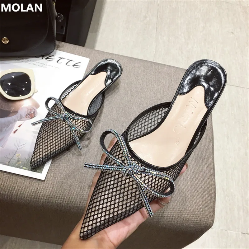 

MOLAN Brand Designer 2019 Autumn Black Sliver Luxury Rhinestone Butterfly-knot Sexy Air Mesh Kitten Heels Lady Pumps Lace Shoes