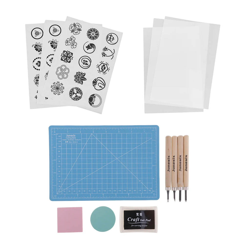 14 Pieces/Set Rubber Stamp Carving Block Kit DIY Crafts CHISELS CUTTING MAT INK PAD STAMPING TEMPLATE TRACING PAPER