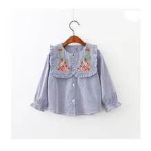 YB70611636 весенние модные рубашки для маленьких девочек блузки для девочек с вышитыми цветами детская одежда рубашка для малышей в полоску