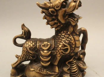 

7" China Fengshui Copper Wealth Fu Dragon Kylin Beast Yuan Bao Ru Yi Statue
