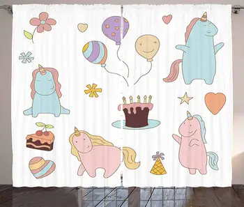 

Unicorn Party Kitchen Curtains Nursery Style Colorful Doodle Animals with Birthday Cake and Balloons Pattern Window Decor