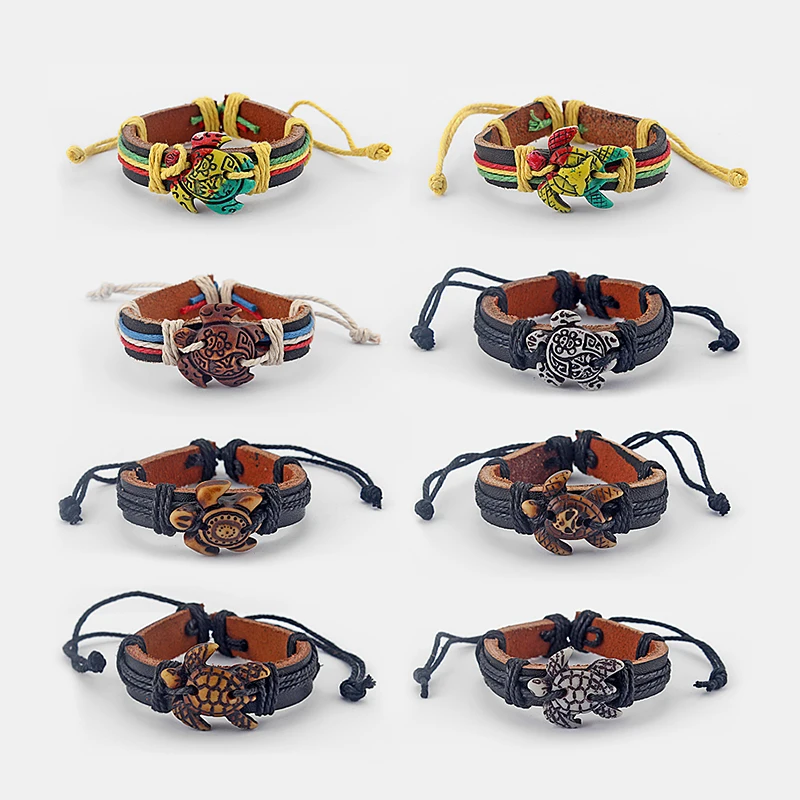 

1pcs Tortoise White/Brown/Rasta Tribal Sea Surfer Charm Turtle Leather Bracelet Surf Bangle