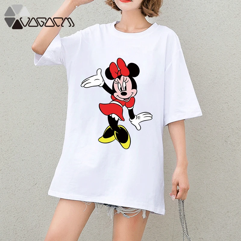 

Ne'w Summer Clothes Women Minnie Mickey Mouse Print Tops Tee Short Sleeve White Fashion Loose Harajuku Cartoon Plus Size T Shirt