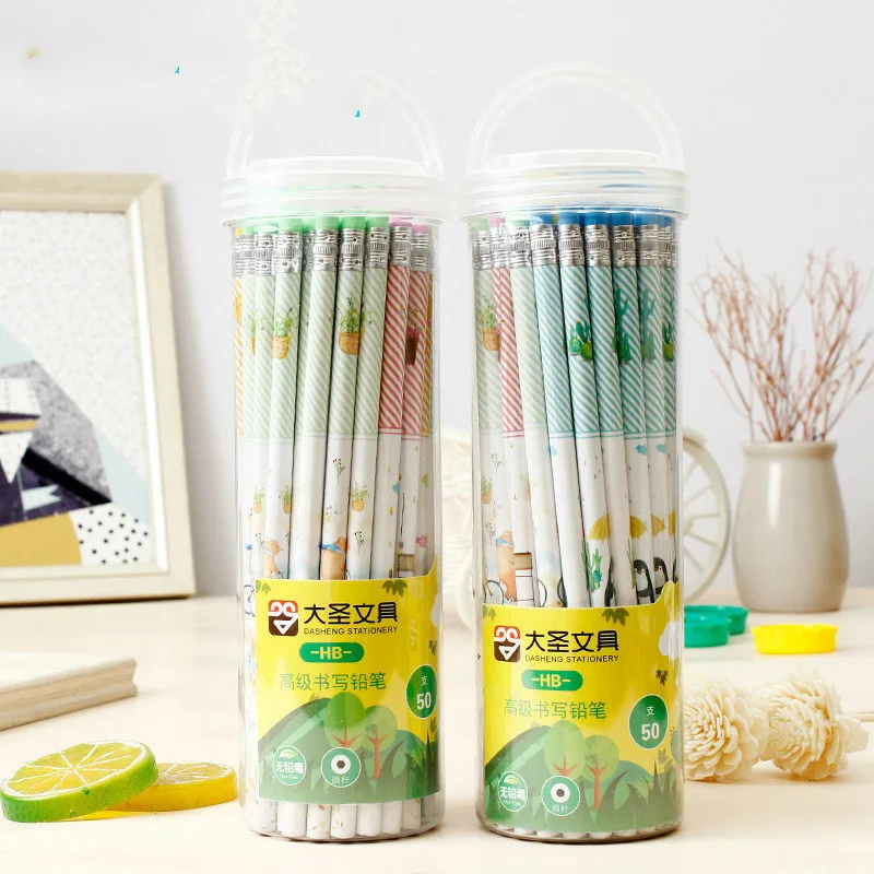 

50pcs/lots cute kawaii cartoon pencils with eraser round rod small skin HB pencil school supplies Wholesale drop shipping