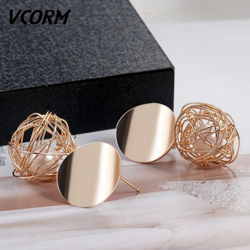 Женские серьги гвоздики VCORM новые модные плетеные золотистого цвета с круглыми