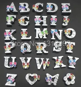 

120Pcs 8mm Alloy Slider Rhinestone Letter Charms A-Z With Bowknot Colorful