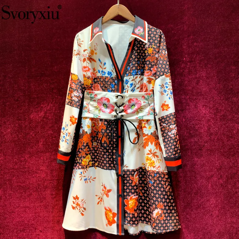 

Svoryxiu 2019 Autumn Winter Runway Long Sleeve Dress Women's Elegant V-Neck Flower Print Vintage Girdle Slim Dress Vestdios