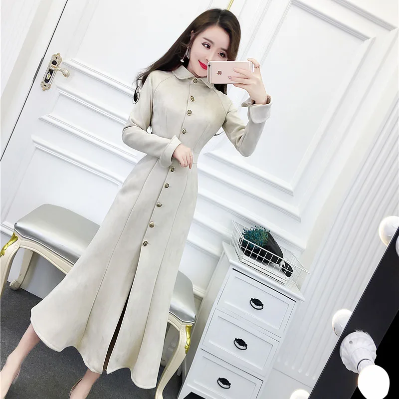 Printemps Était Black Peau De Femmes Tempérament Tranchée Boutique Daim Manteau breasted khaki Greenish Green Odfvebx dark Single apricot pink vent Coupe Mince Longue Nouvelles red Slim Revers pwzq6d