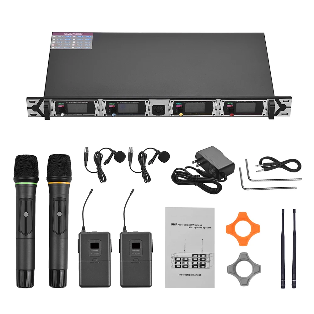 

Muslady D4-4 Professional 4-Channel UHF Wireless Microphone System Includes 2 Headset Mics with Bodypack Transmitters