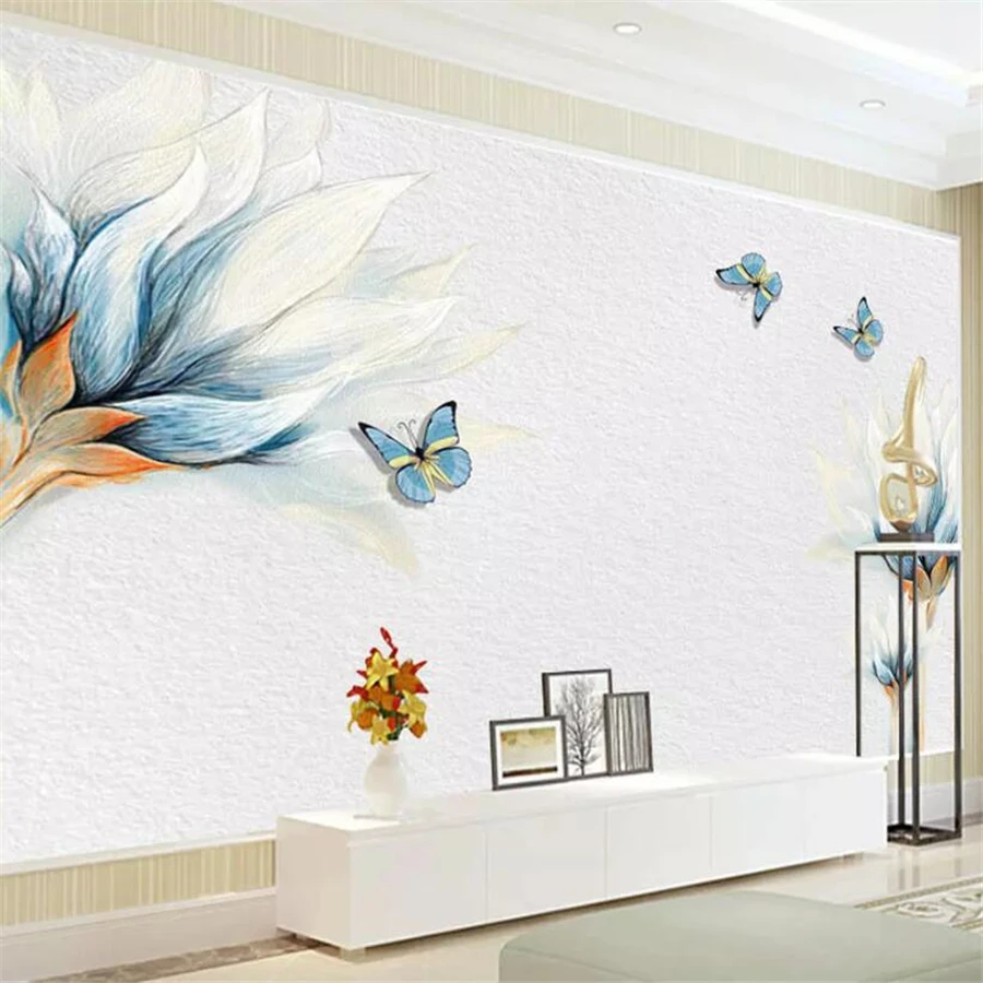 3d фотообои beibehang на заказ синие ручная роспись цветы Бабочка фон для телевизора