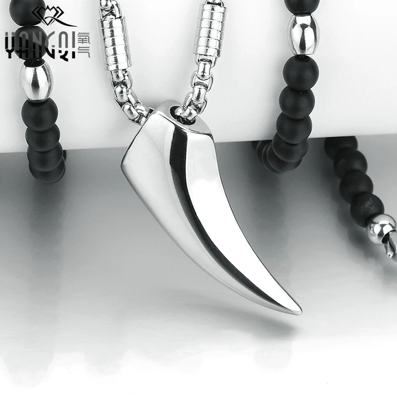 Norse Vikings Wolf Teeth Pendant Necklaces Silver Stainless Steel Chain Black Stone Strand Beads Necklaces Ethnic Jewelry Men Norse Vikings Wolf Teeth Pendant Necklaces Silver Stainless Steel Chain Black Stone Strand Beads Necklaces Ethnic Jewelry Men