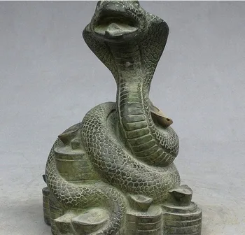 

YM 321 7" Ancient Chinese Bronze Gilt Zodiac Year Snake On Wealth YuanBao Coin Statue