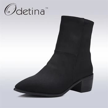 

Odetina New Handmade Large Size Suede Winter and Autumn Women Mid Calf Boots Pointed Toe Chunky Heel Boots with Side Zipper