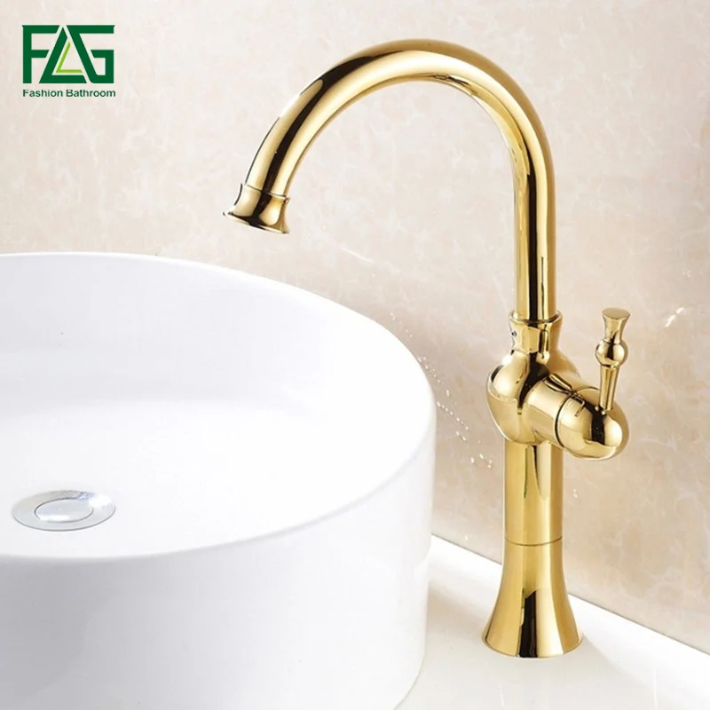 

FLG Contemporary Basin Faucet Deck Mounted Grifos Lavabo Oro pared Platform Heightening Golden Plated Wash Basin Mixer Tap