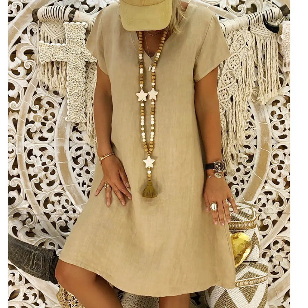 JAYCOSIN Spring New Casual V-Neck Cotton and Linen Dress Women Summer Style Cotton Casual Plus Size Ladies Dress 2020