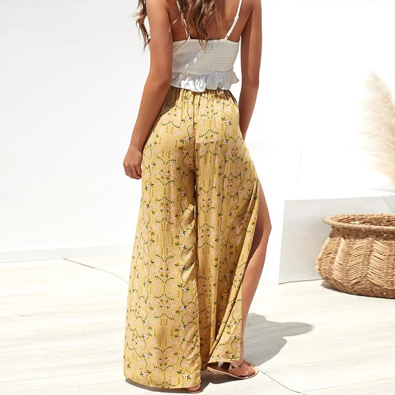 IUURANUS Casual High Waist Wide Leg Pants Women 2019 Summer Beach Split Trousers Female Holiday Vintage Floral Prints Capris IUURANUS Casual High Waist Wide Leg Pants Women 2019 Summer Beach Split Trousers Female Holiday Vintage Floral Prints Capris