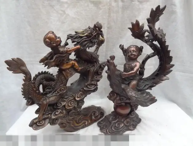 

S02649 14" Chinese Pure Bronze Kid Child Girl Boy Ride Dragon Phoenix Statue Pair B0403