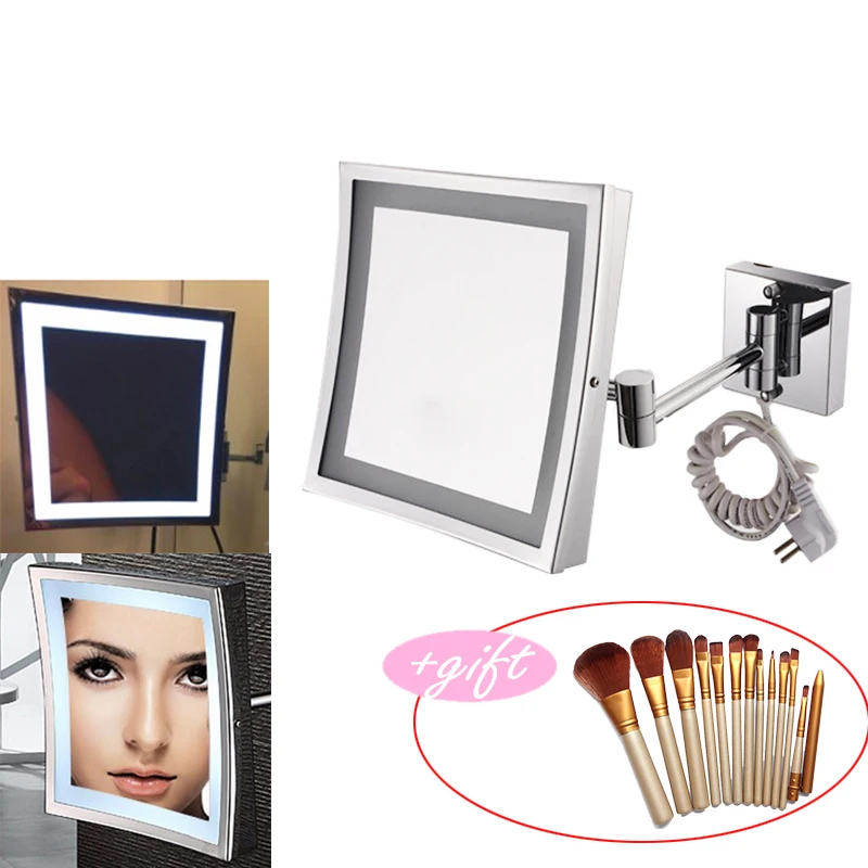 

New 8.5 Inch LED Light Wall-mounted folding cosmetic mirror 3X Magnifying LED Makeup Mirror bathroom mirror with 12pcs brush