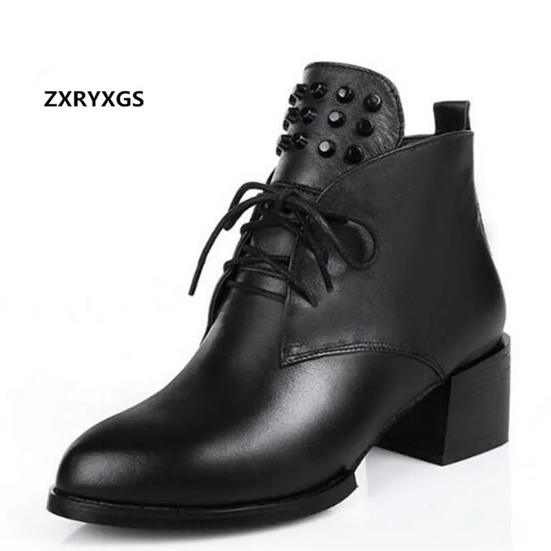 

2019 Plus size Spring women boots rivets Martin boots plus velvet winter boots thick heels lace Cow leather shoes ankle boots