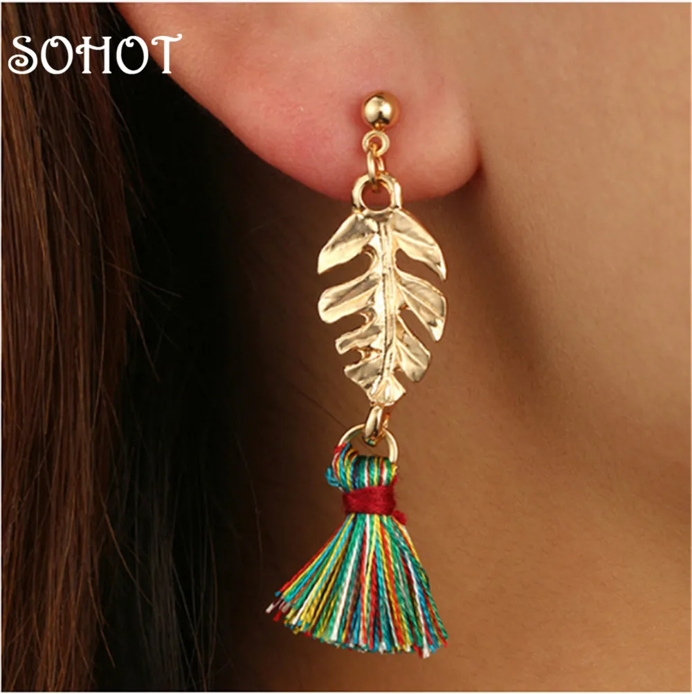 

SOHOT Trendy Women Monstera Leaf Drop Earrings Fashion Gold Color Love Short Tassel Jewelry Accessories For Summer Party Brincos