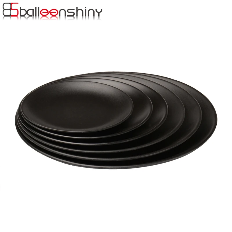 BalleenShiny Black Melamine Round Tray Dinner Plate Dishes Food Snacks Sushi Steak Dinner Plates Food Dessert Tea Tray Tableware