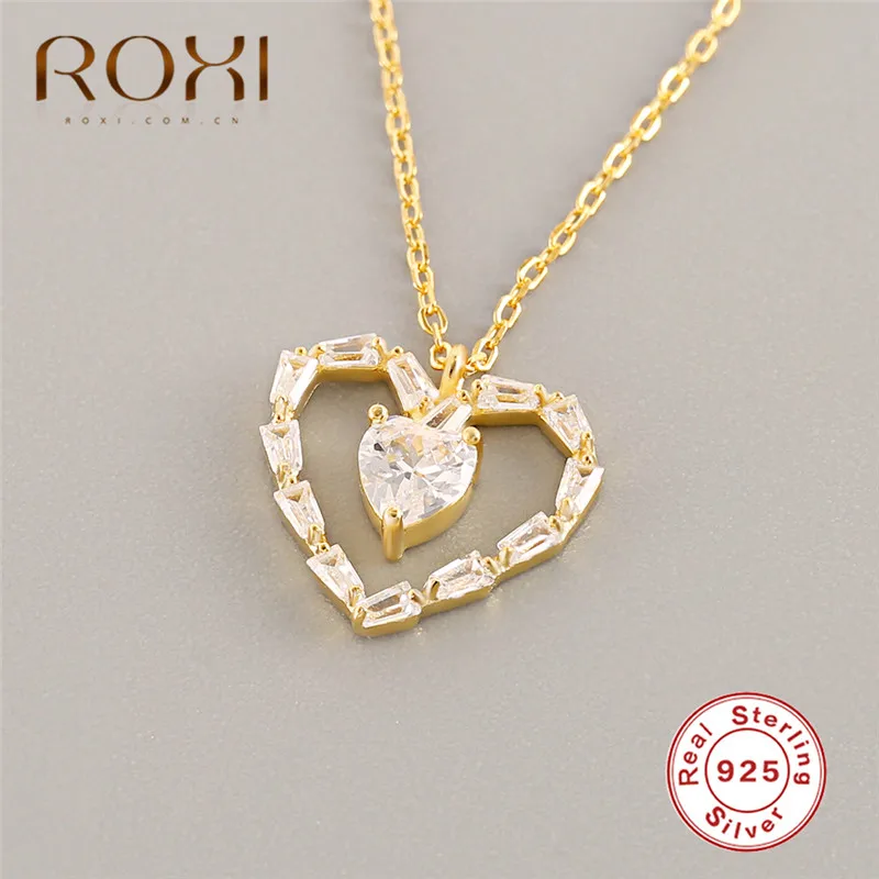 

ROXI 925 Sterling Silver Love Heart Necklaces & Pendant Gold Hollow Zircon Crystal Necklace for Women Fashion Jewelry Kolye Gift